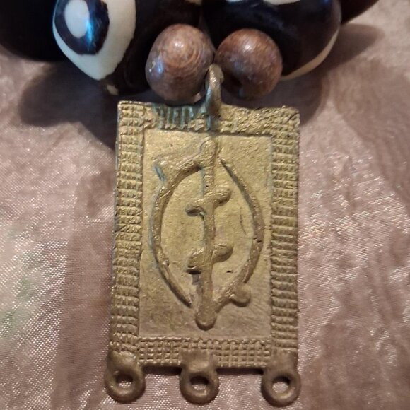 Vintage African Wooden Beaded and Metal Necklace w/ Symbolic Pendant - Picture 3 of 6